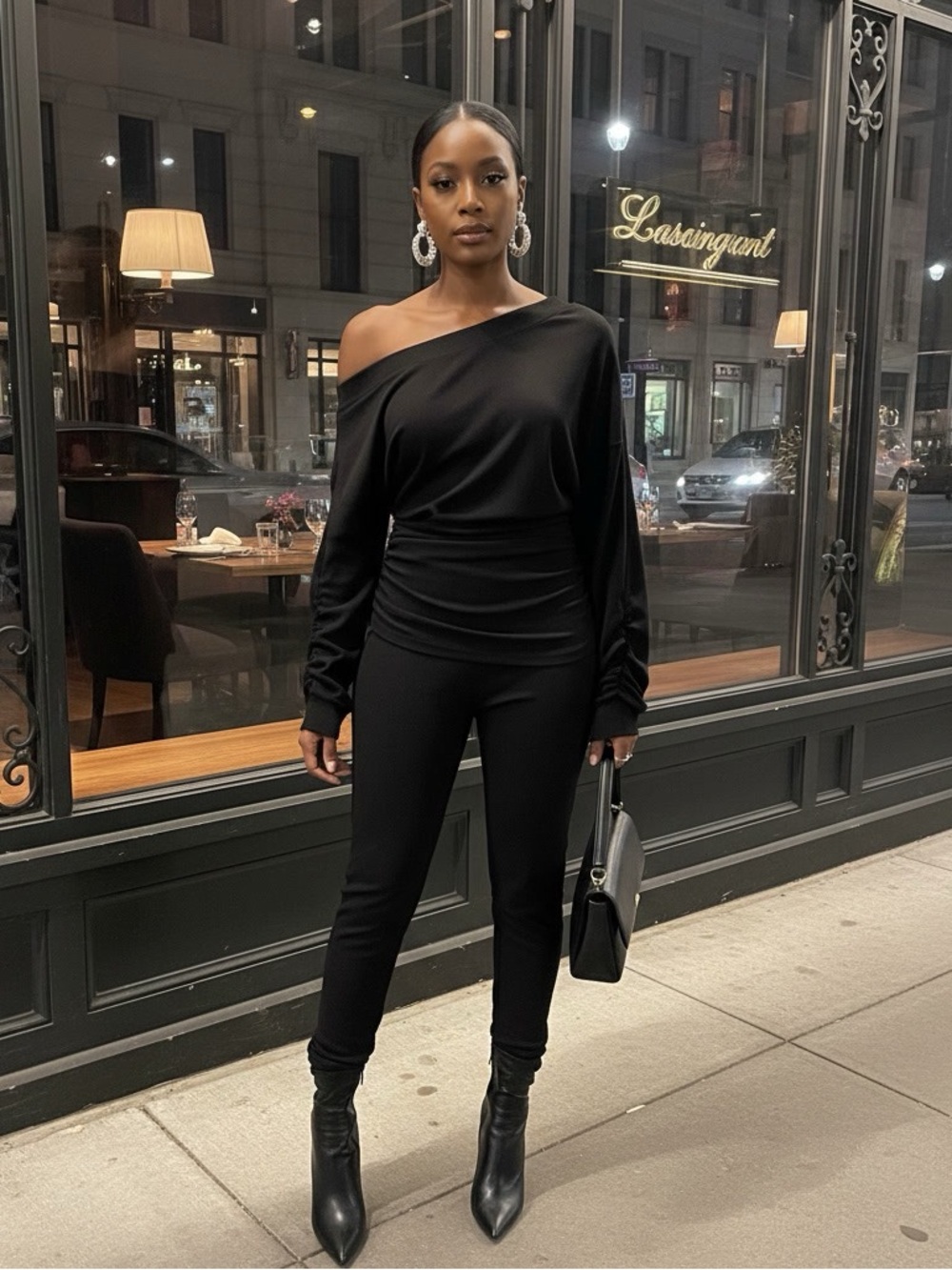 Black Ribbed Asymmetrical Matching Pant Set - Size M